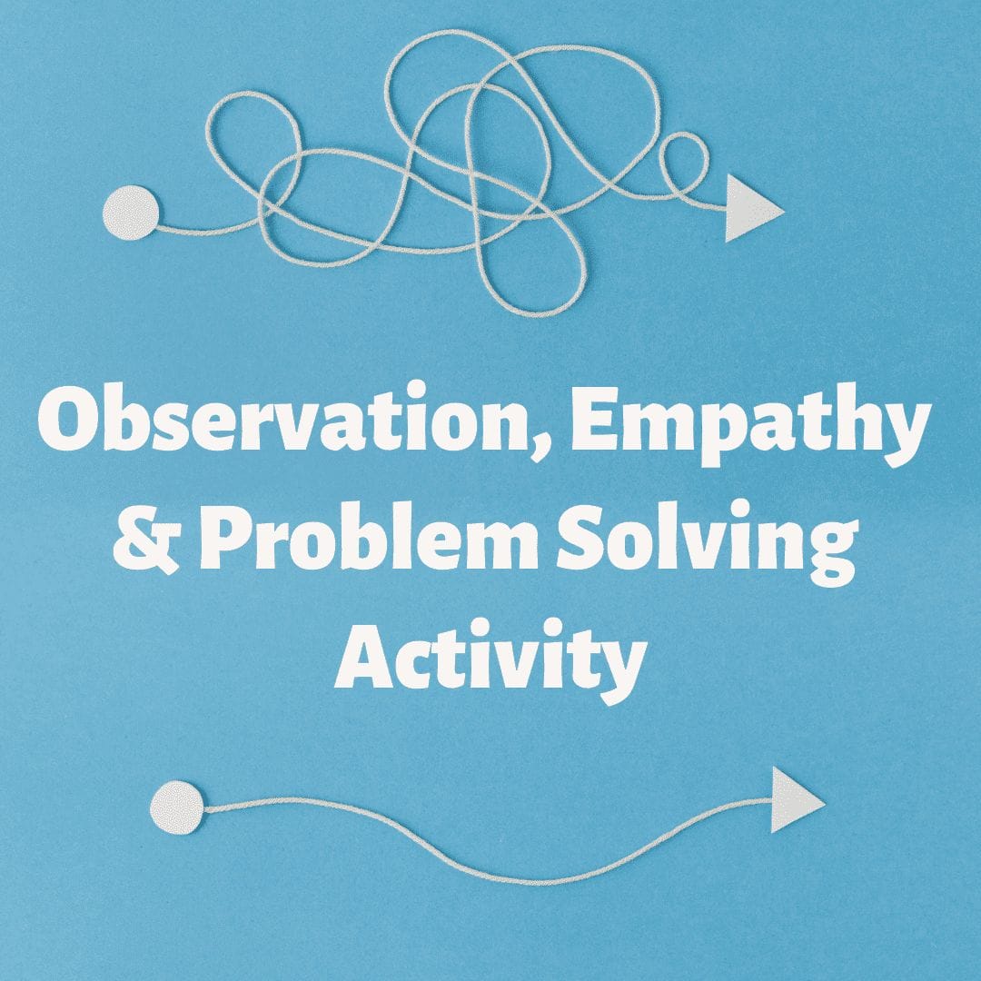 The image displays a tangled line becoming straight, with "Observation, Empathy & Problem Solving Activity" written in white text against a blue background, symbolizing the foundational elements of youth entrepreneurship education.