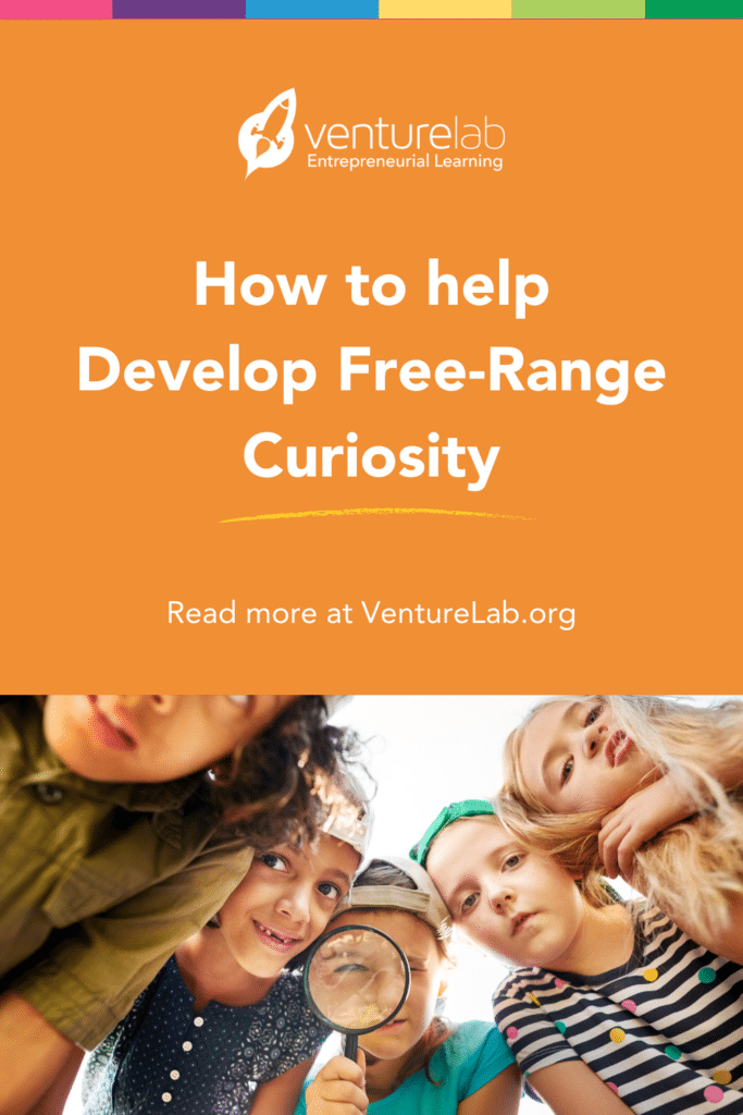 Promotional poster for venturelab featuring diverse children looking through a magnifying glass, with text about fostering curiosity in children.