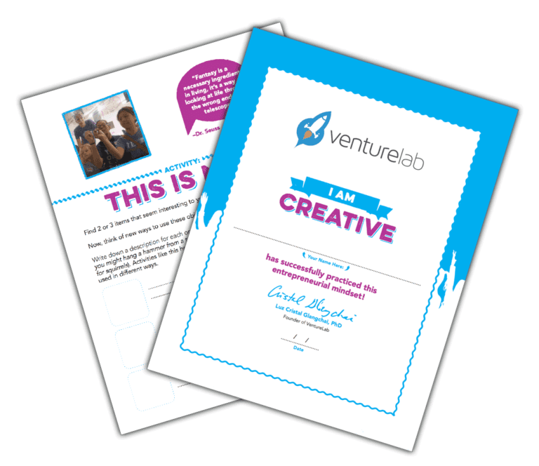 Two overlapping documents, one a colorful certificate titled "I AM CREATIVE" from VentureLab and the other a worksheet with questions and a small photo of a group of people, illustrate the dynamic approach to teaching entrepreneurship in a K-12 entrepreneur curriculum.