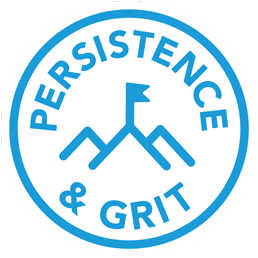 A circular blue and white logo featuring the words "Persistence & Grit" around an icon of mountains with a flag on top, embodying the spirit of learning mindsets for youth entrepreneurship education.