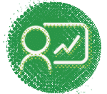 Icon depicts a silhouette of a person and a rising graph on a green, textured circle background, symbolizing youth entrepreneurship education.