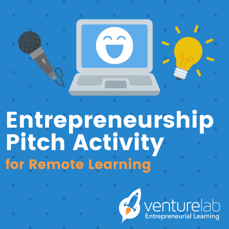 A graphic promoting an "Entrepreneurship Pitch Activity for Remote Learning" by Venture Lab, part of their k12 entrepreneur curriculum, featuring icons of a laptop with a smiling face, a microphone, and a lightbulb on a blue background.