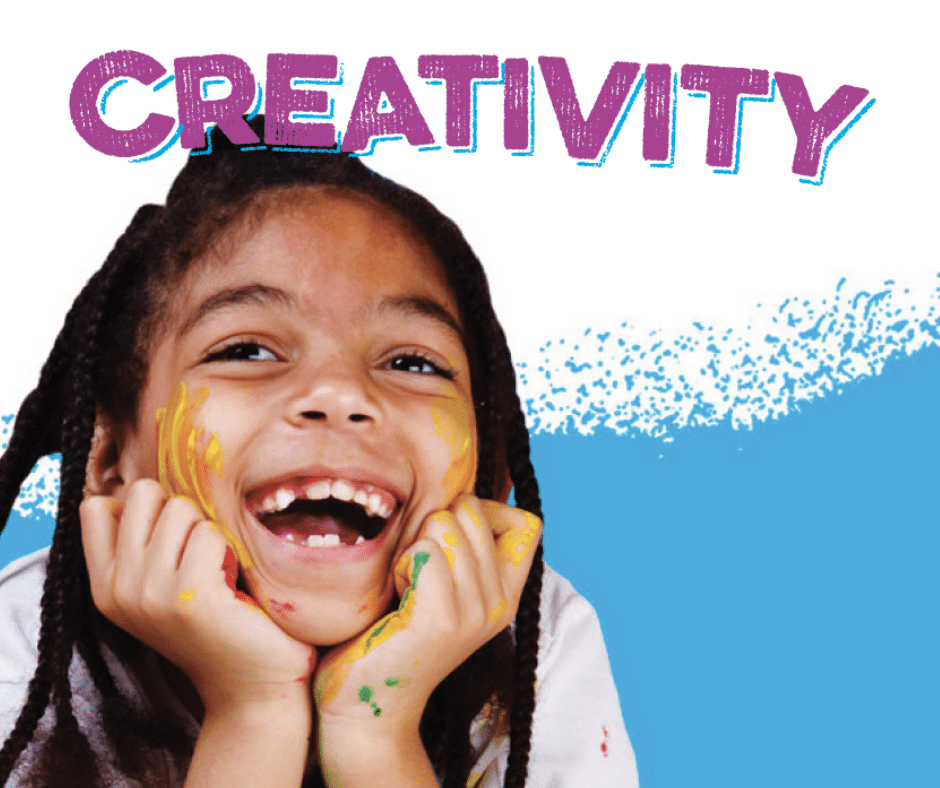 A child with painted hands and face smiles, with the word "CREATIVITY" in bold, colorful letters above, embodying the spirit of youth entrepreneurship education.