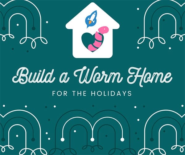 Illustration promoting "Build a Worm Home for the Holidays." Features a house with a worm and heart icon, surrounded by decorative elements on a green background. Perfect for sparking interest in youth entrepreneurship education through creative and hands-on activities.