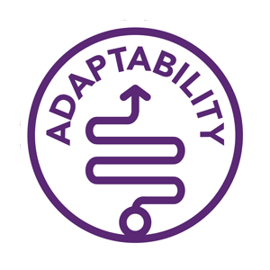 A circular emblem featuring the word "Adaptability" with a purple, winding arrow pointing upwards, inspired by Girl Scouts Creativity to encourage youth entrepreneurship.