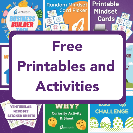 Image showcasing various educational materials with a central text reading "Free Printables and Activities" surrounded by illustrations of cards and activity sheets, ideal for youth entrepreneurship education.