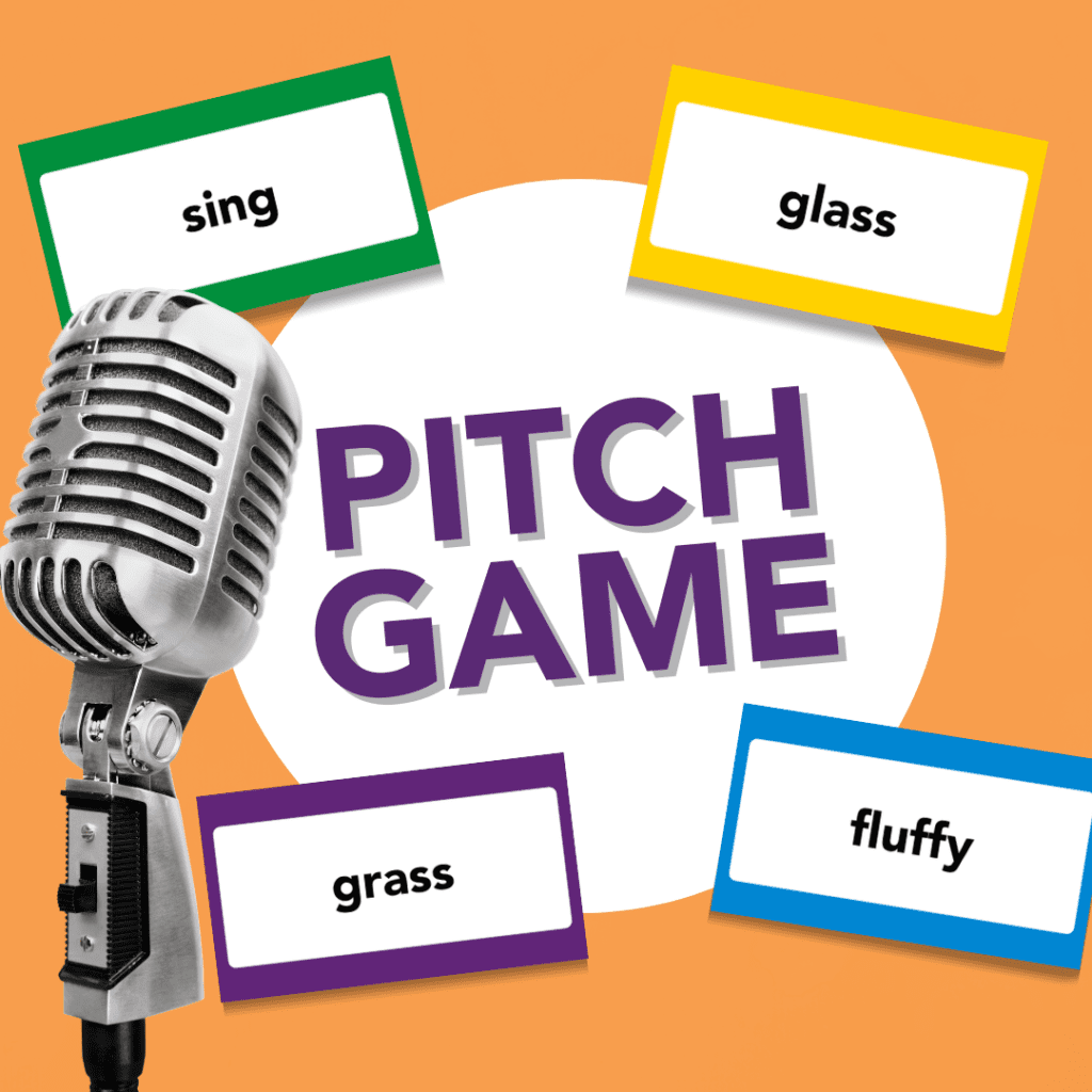 A microphone stands on the left. Text in the center reads "PITCH GAME" in purple letters, surrounded by four colored cards labeled "sing," "glass," "grass," and "fluffy." The vibrant background is orange, creating a lively atmosphere perfect for teaching entrepreneurship to kids.