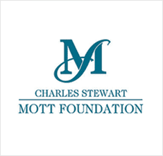 The image displays the logo of the Charles Stewart Mott Foundation, featuring a stylized 'M' above the foundation's name in teal text on a white background, emphasizing their support for youth entrepreneurship education.