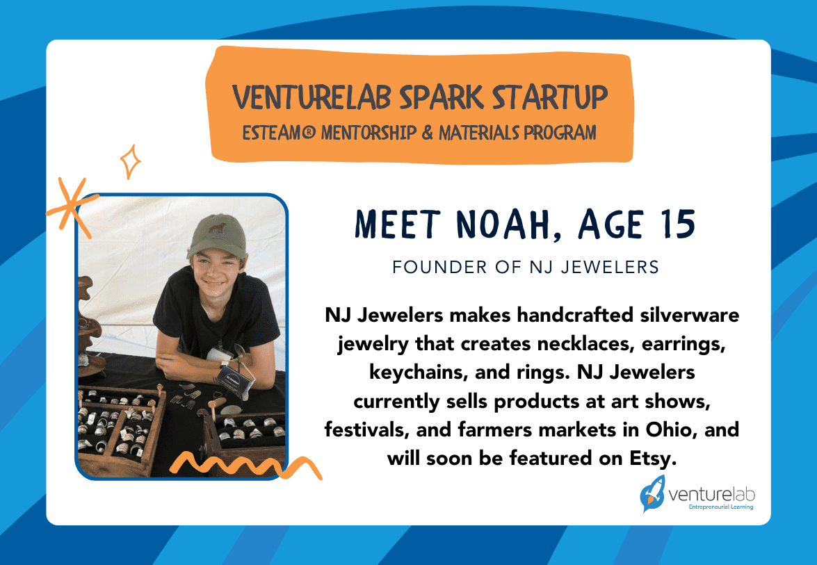A 15-year-old named Noah, founder of NJ Jewelers, poses with handcrafted silverware jewelry, including necklaces, earrings, keychains, and rings at an event focused on youth entrepreneurship education.