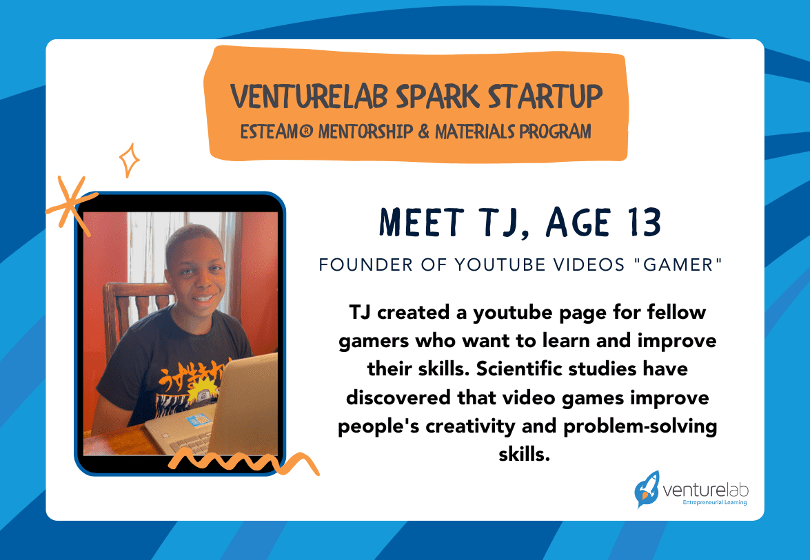 A young boy named TJ, wearing an orange shirt, smiles at the camera while using a laptop. The text highlights his mentorship program, YouTube channel focused on gaming, and the benefits of video games. Additionally, TJ incorporates elements of entrepreneurship education to inspire young minds.