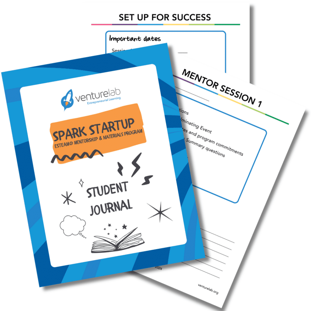 A student journal and a mentor session document from the Spark Startup program by VentureLab are shown, highlighting the impact of youth entrepreneurship education.