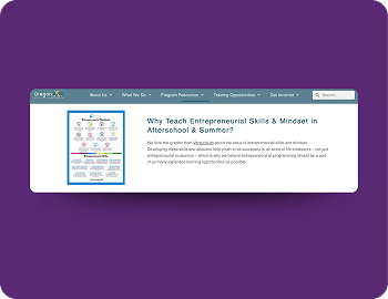a webpage from an organization named "Oregon's" with an article discussing the importance of teaching entrepreneurial skills and mindset during afterschool and summer programs