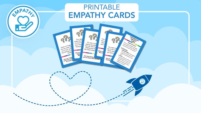 Empathy Cards with rocket making a heart trail in the clouds